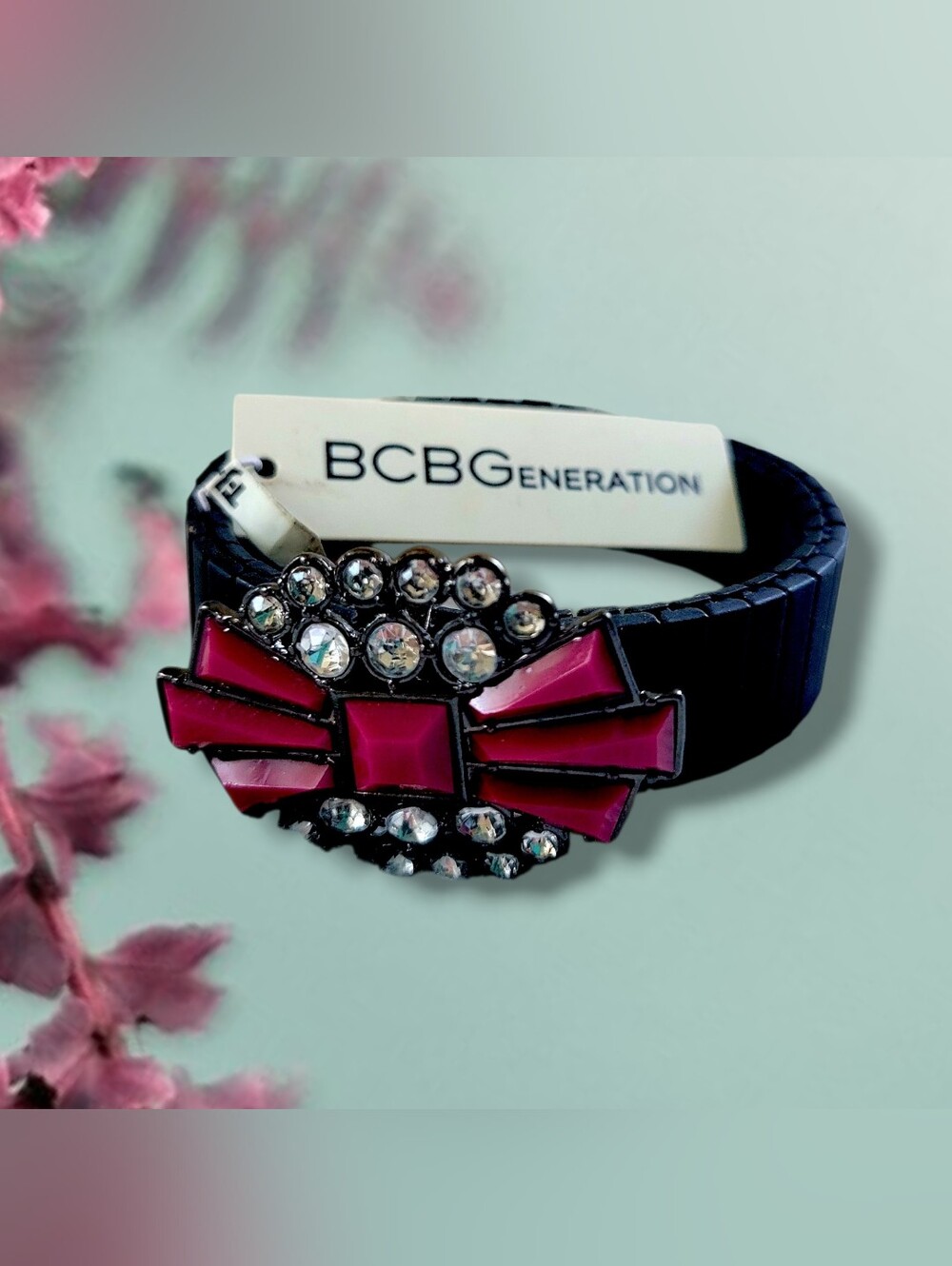 BCBGeneration | NWT Black/Pink Rhinestone Bow Stretch Bracelet